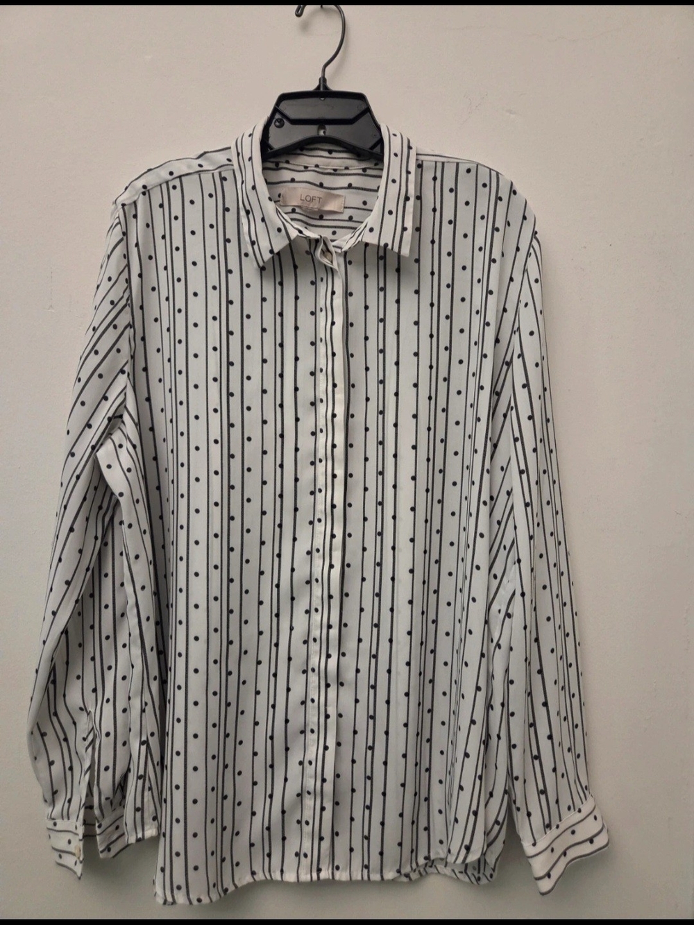 LOFT White Button-Down Shirt with Black Vertical Stripes and Dot Print